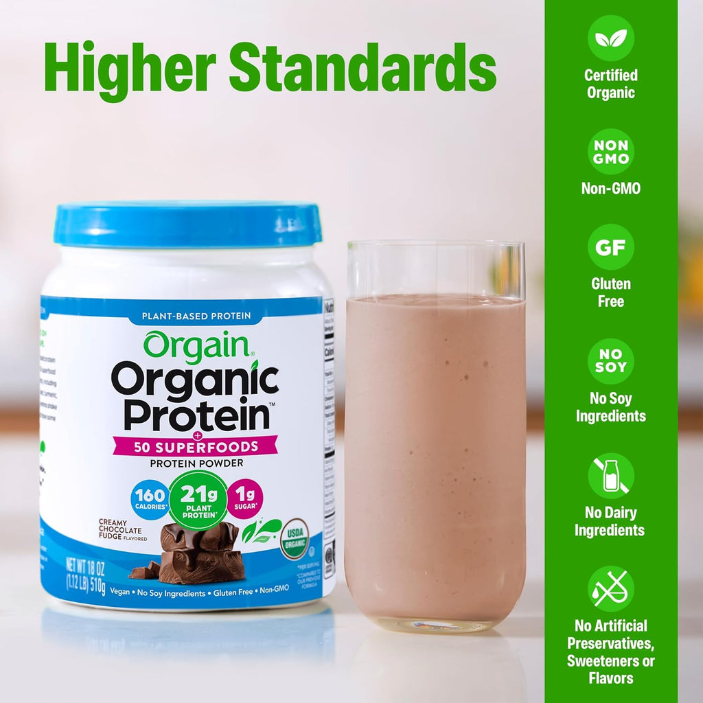 Organic Vegan Protein + 50 Superfoods Powder, Creamy Chocolate Fudge - 21G Plant Based Protein