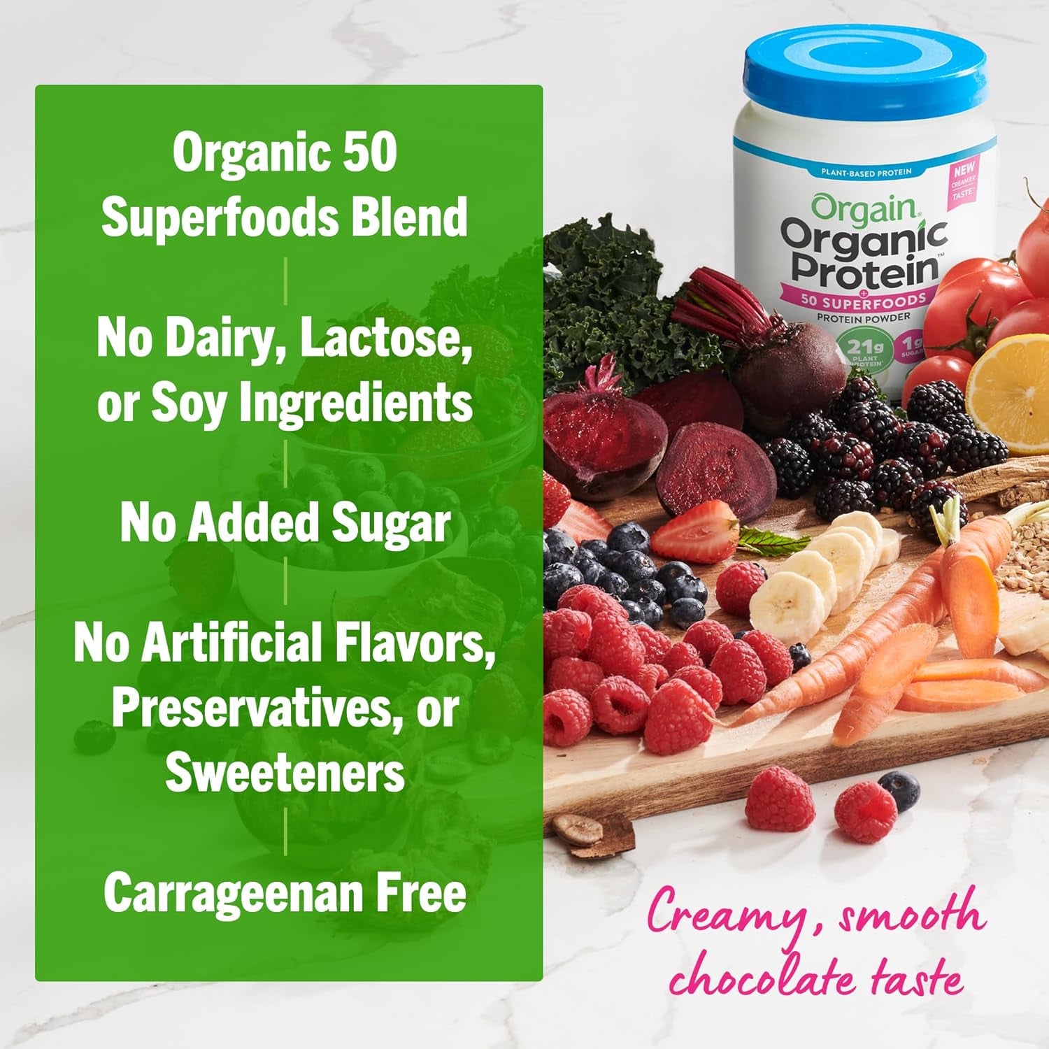 Organic Vegan Protein + 50 Superfoods Powder, Creamy Chocolate Fudge - 21G Plant Based Protein