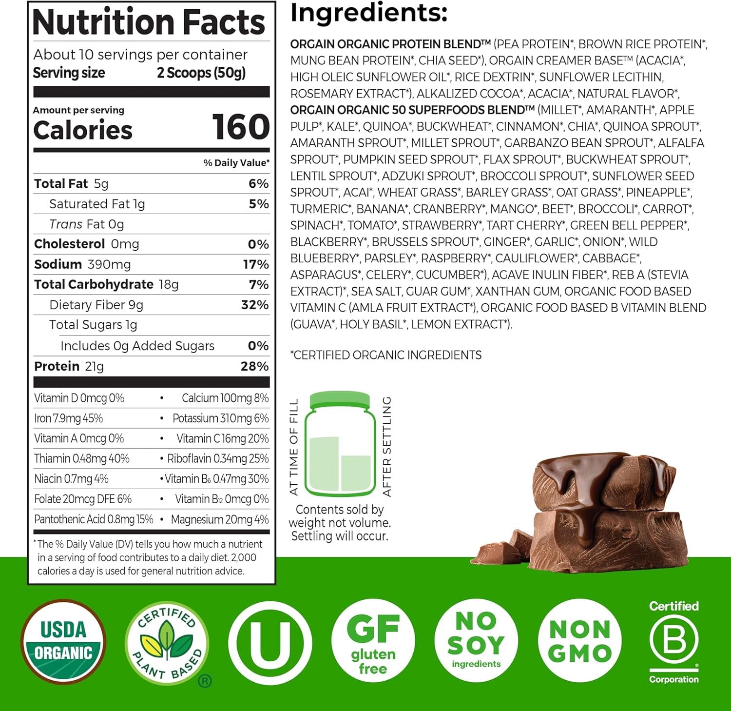Organic Vegan Protein + 50 Superfoods Powder, Creamy Chocolate Fudge - 21G Plant Based Protein
